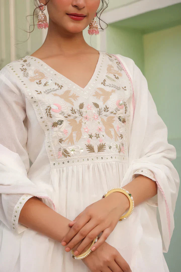 Off-White Embroidered Cotton Kurta Set for Women
