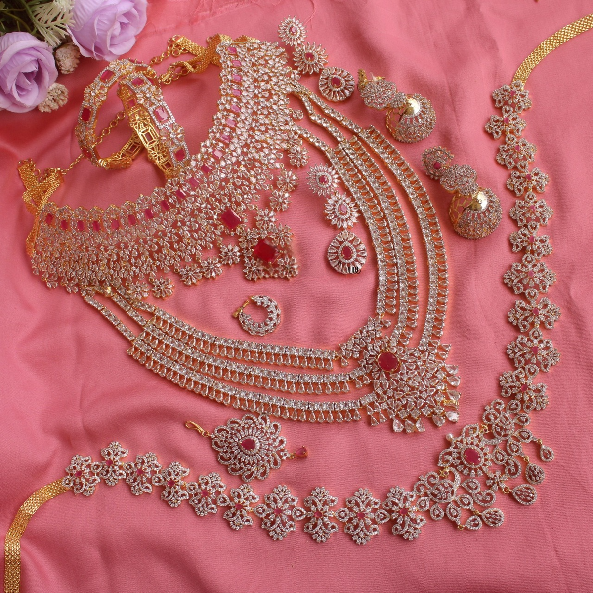 Antique Long Matte Cubic Gold New South Indian Bridal Jewellry Set