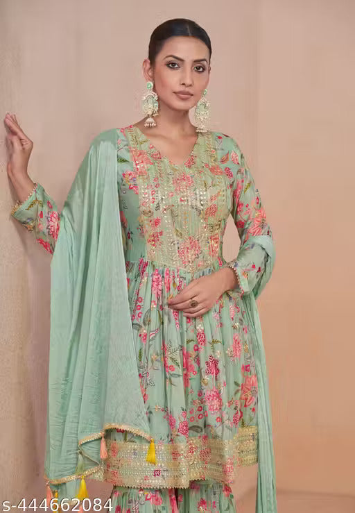 Floral Chinon Print Anarkali Suit with Dupatta