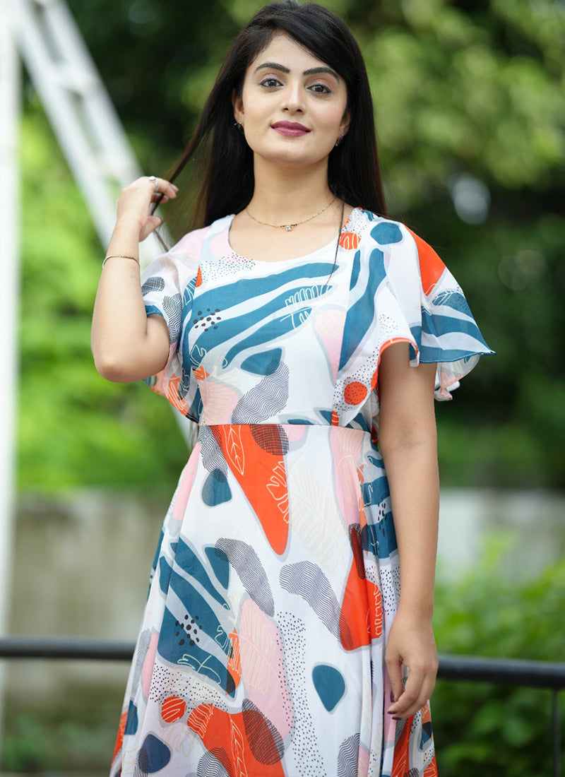 White Georgette Dress With Abstract Print For Party Wear