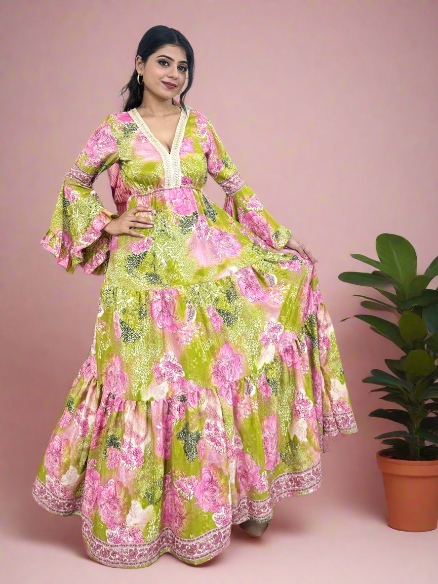 Boho Green Floral Foil Printed Long Dress Ruffle Sleeves