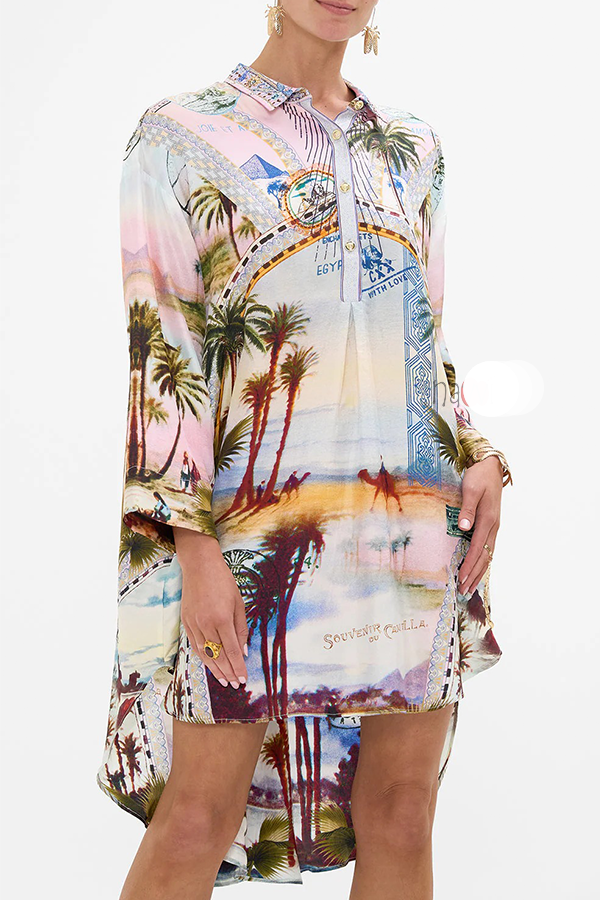 Resort Wear Palm Print Shirt Dress