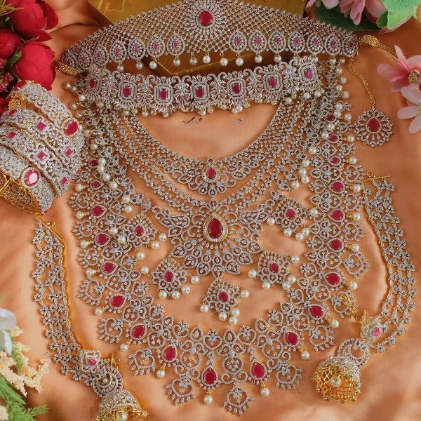American Diamond Pink Full Combo jewellery set for women