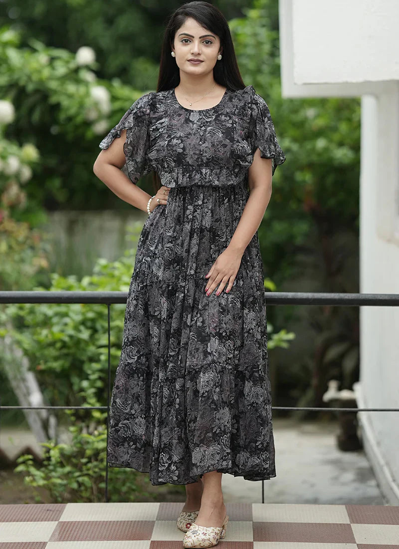Blue Georgette Abstract Printed Festive Dress