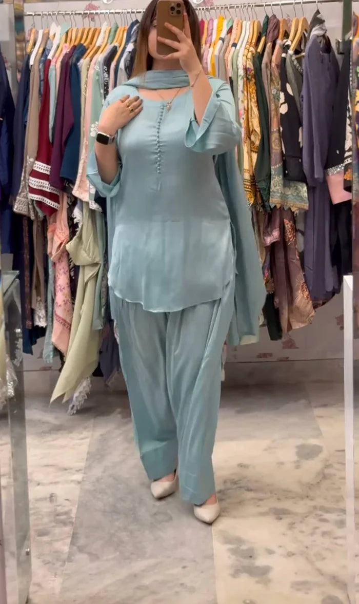New Launching Natural Crep Silk Party Wear Look Top with Farshi Salwar And Natural Crep Silk Fancy border Dupatta