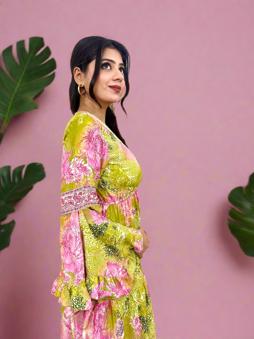 Boho Green Floral Foil Printed Long Dress Ruffle Sleeves