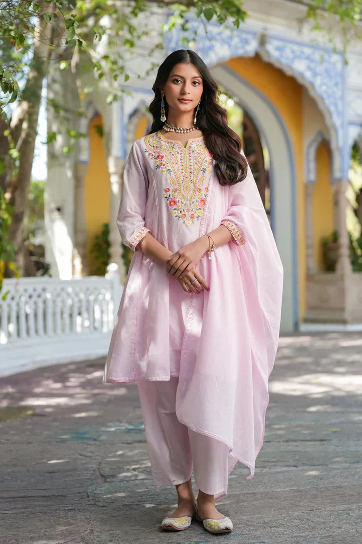 Pastel Pink Embroidered Cotton Kurta Set for Women - Floral Thread Work