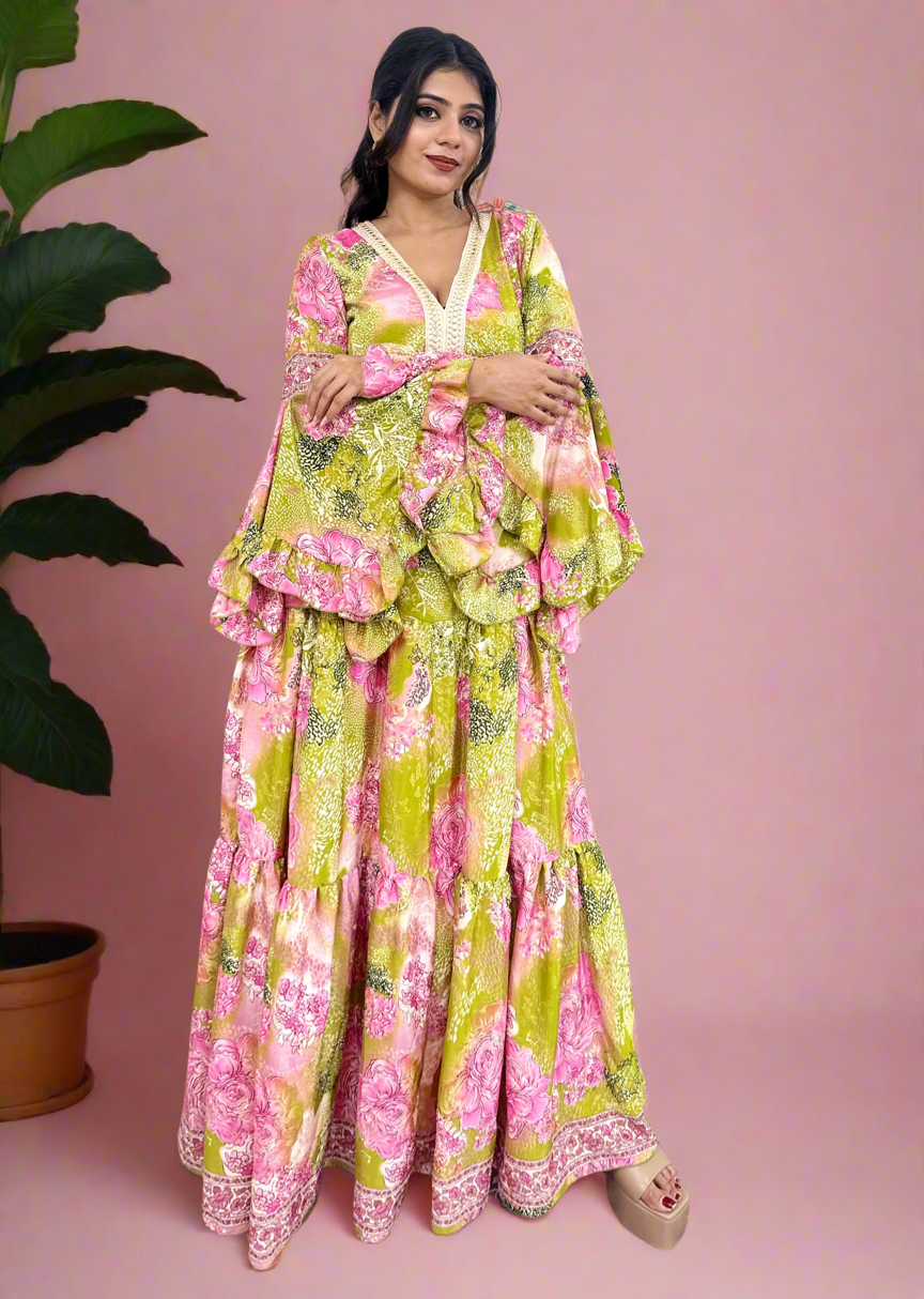Boho Green Floral Foil Printed Long Dress Ruffle Sleeves