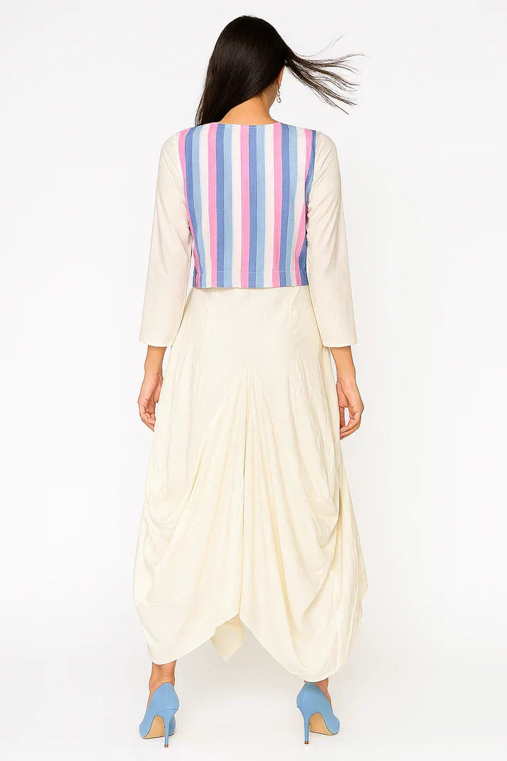 Ivory Cowl Dress with Striped Jacket