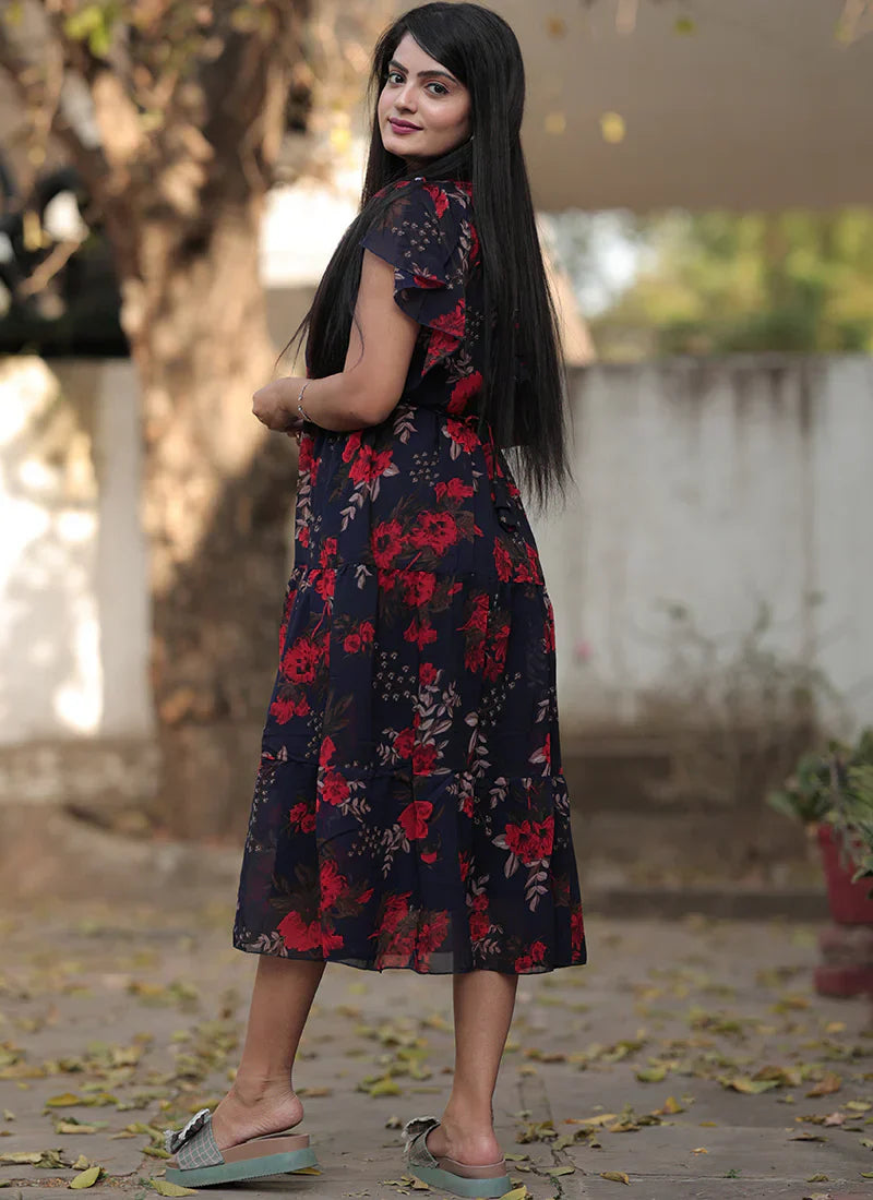 Georgette Flower Printed Western Midi Dress