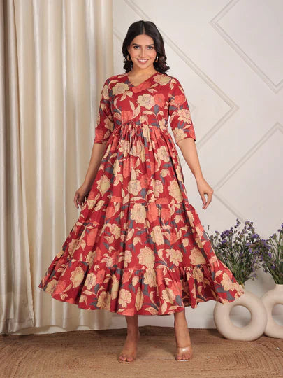 Soft Cotton Floral Anarkali Maroon Dress