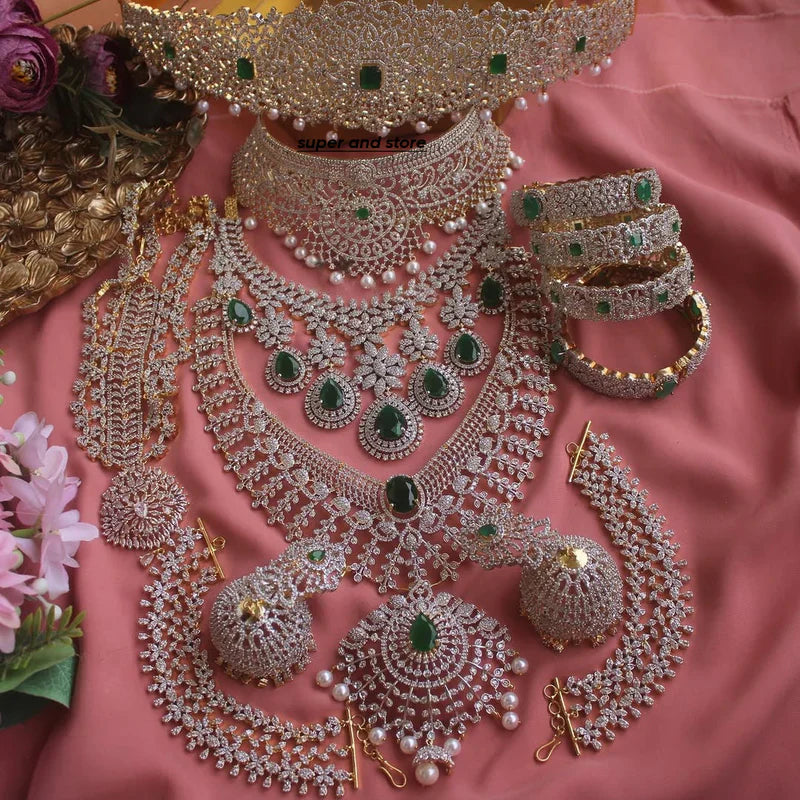 Jewelry Combo Green Stone American Diamond Bridal sets Get Free Gift Above