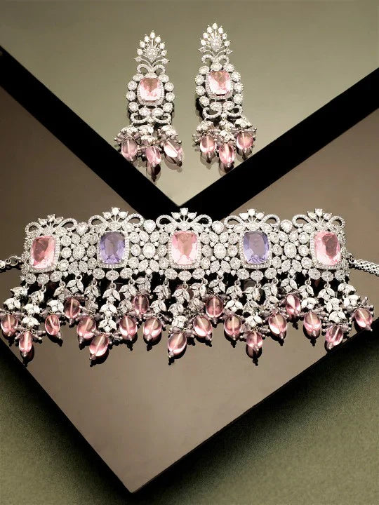 chandicharm Silver Pink And Lavender Stones And Aaa Cz Studded Choker Set