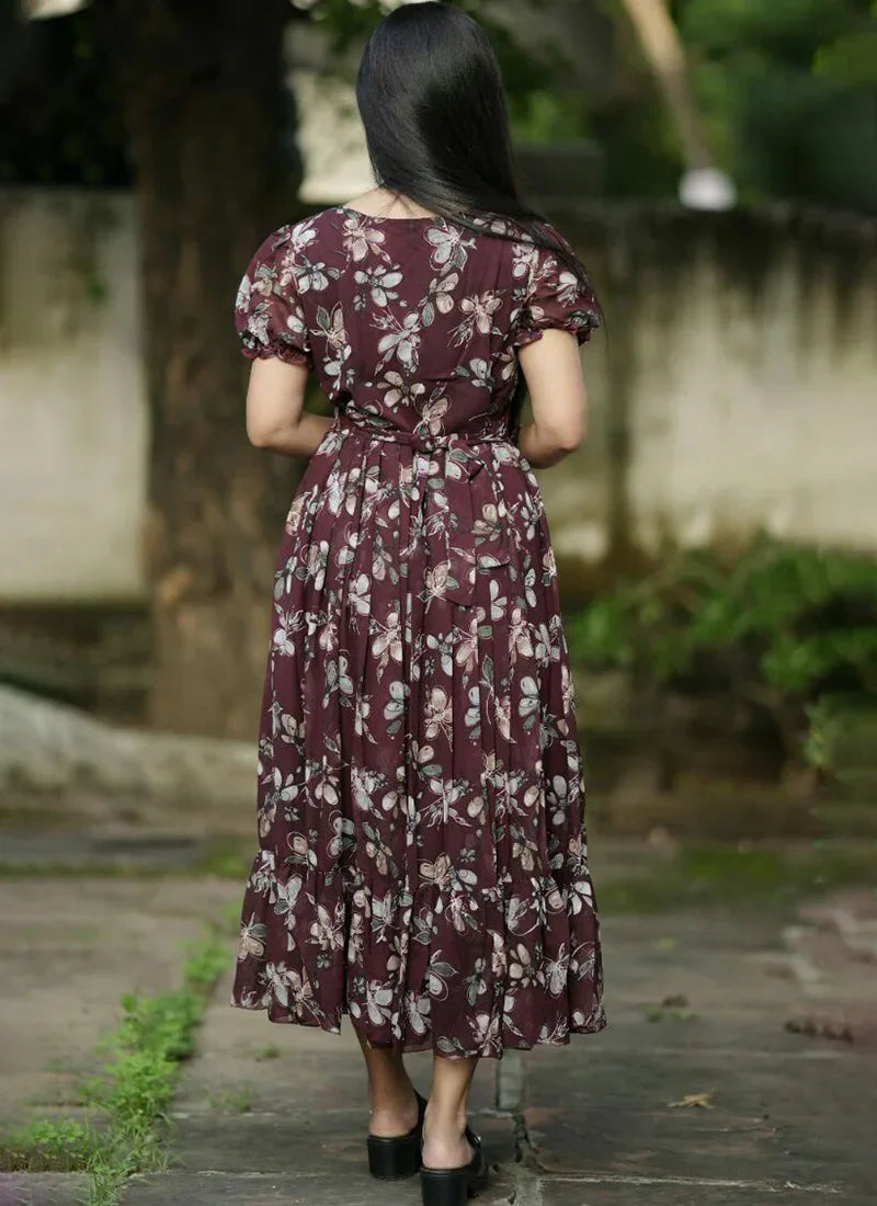 Amusing Royal Blue Floral Printed Georgette Maxi Dress