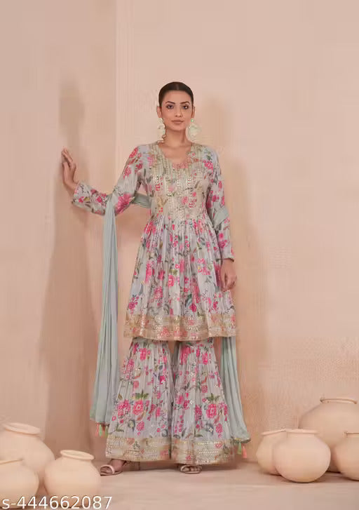 Floral Chinon Print Anarkali Suit with Dupatta