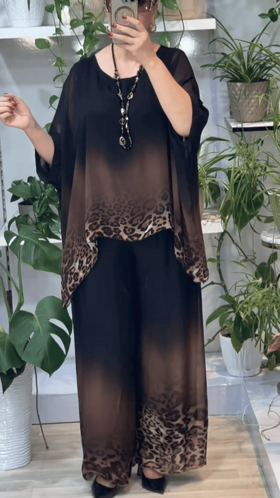 Women's Gradient Leopard Print Crew Neck Top And Wide Leg Pants Set