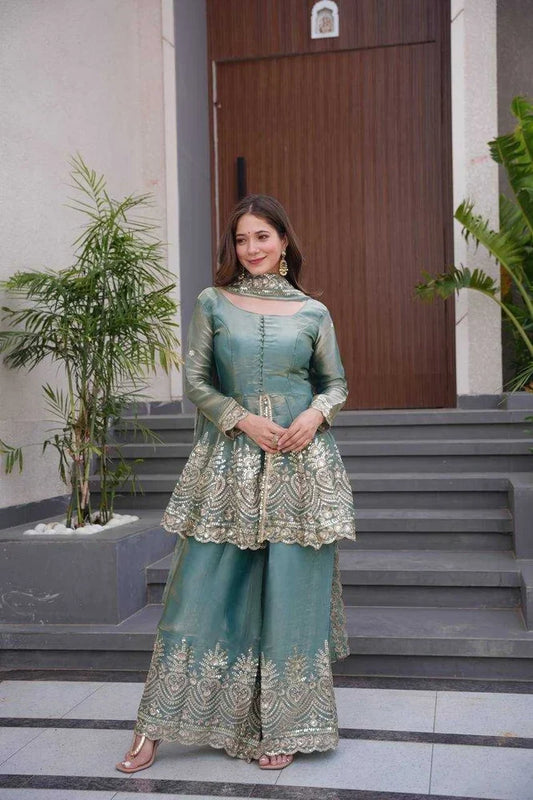 Designer Blue Silk Embroidered Peplum Short Anarkali Kurta Palazzo set with Dupatta 3 pc