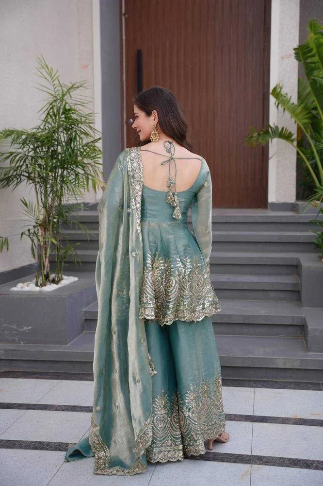Designer Blue Silk Embroidered Peplum Short Anarkali Kurta Palazzo set with Dupatta 3 pc