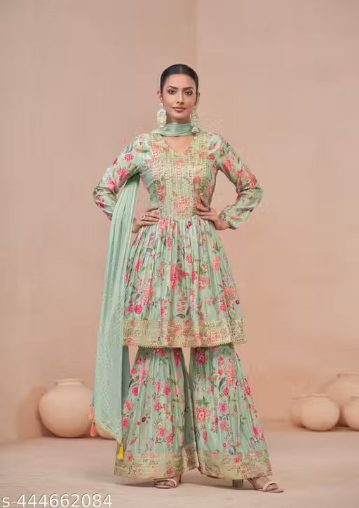 Floral Chinon Print Anarkali Suit with Dupatta