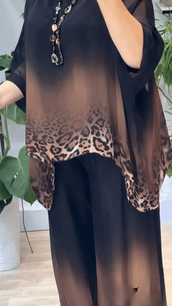 Women's Gradient Leopard Print Crew Neck Top And Wide Leg Pants Set